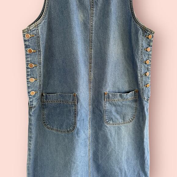 Vtg Denim Jumper Pinafore Long Dress Womens Large Blue Cottage Boho Modest 90s - Picture 2 of 4